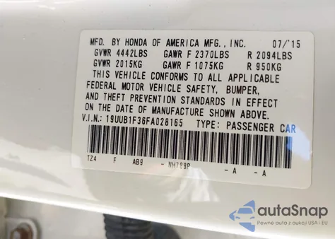 2015 Acura Tlx z USA, uszkodzony, nr VIN 19UUB1F36FA028165